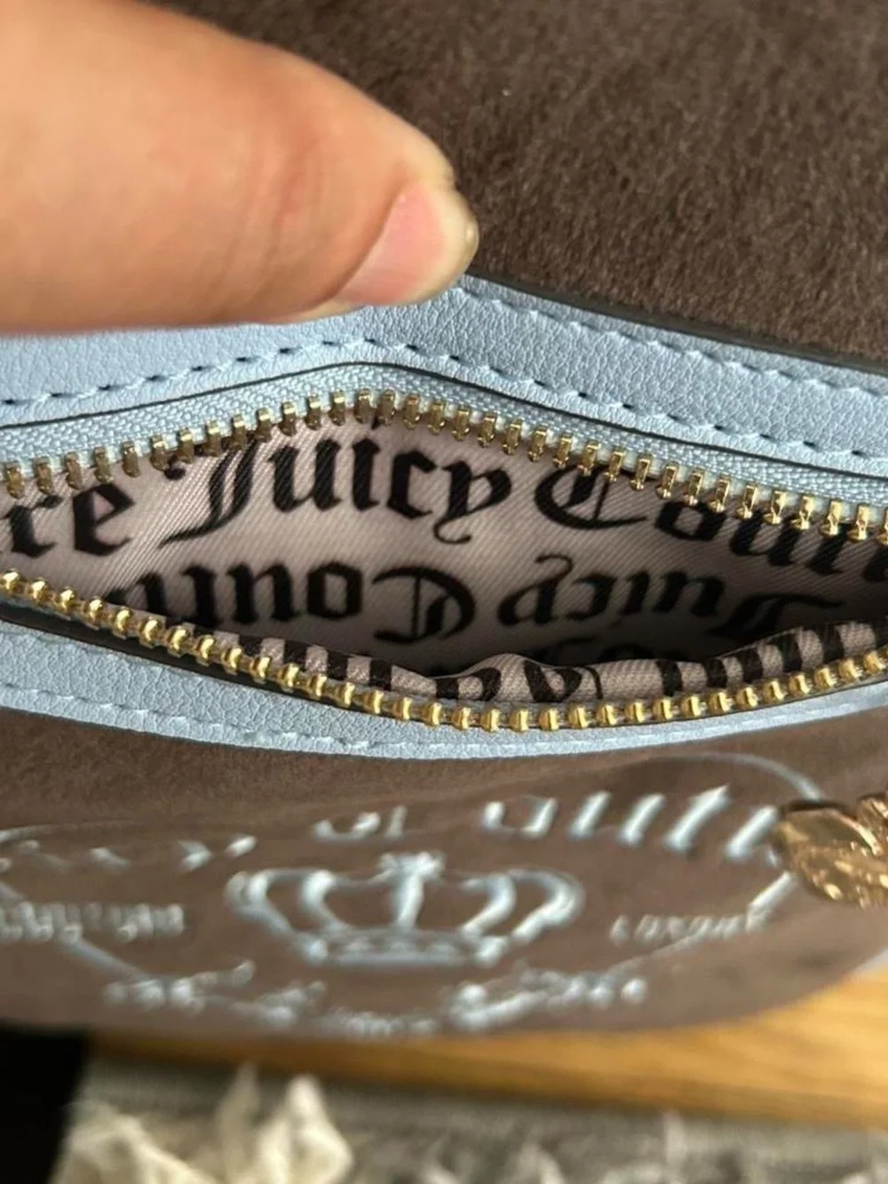 Juicy Couture Brown Backpack with Light Blue Trim and Gold Charm